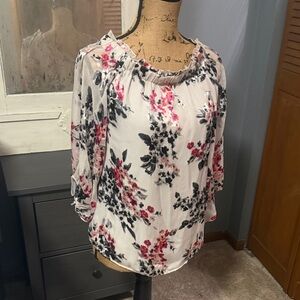 White House Black Market Floral Blouse - White and Pink